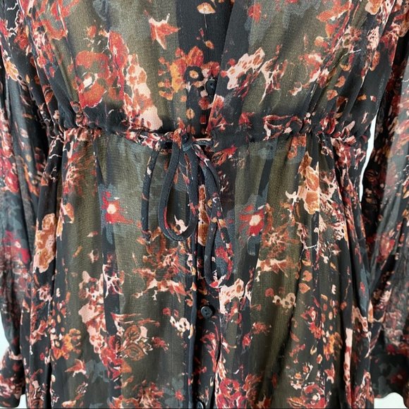 Zara Premium Collection Sheer Floral Button Front Cinched Tie Waist Tunic Size M - Picture 5 of 11
